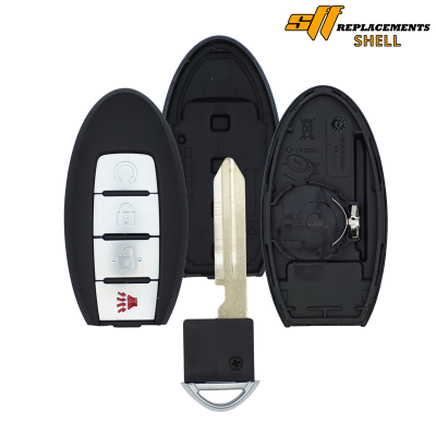Car key fob with three-button remote, blade extended, shown with its split shell (left with buttons, right open to reveal inner housing).