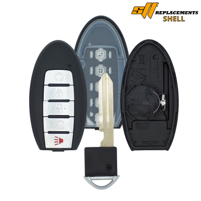 Unassembled car key fob with a black button module on the left, a brass key blade in the center, and an empty back shell on the right.