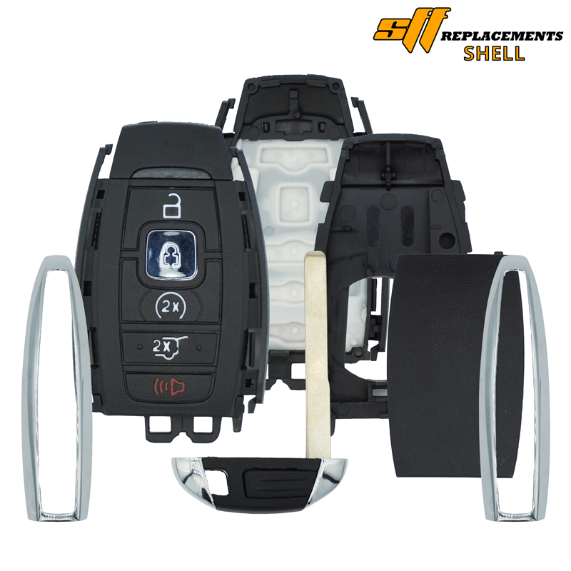30270 - SFFobs Inc. Disassembled car key fob with front panel buttons (lock, unlock, trunk, panic) and internal housing exposed. Logo in corner.