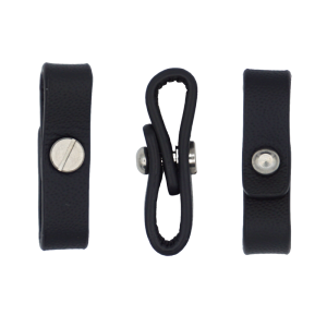 Pair of black leather strap adapters with metal snaps and a central flexible loop, shown in side views left and right with a loop in the middle.