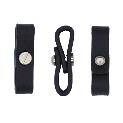 Pair of black leather strap adapters with metal snaps and a central flexible loop, shown in side views left and right with a loop in the middle.