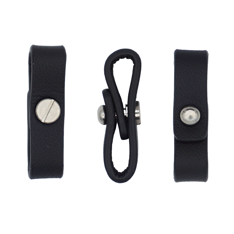 30271 - SFFobs Inc. Pair of black leather strap adapters with metal snaps and a central flexible loop, shown in side views left and right with a loop in the middle.