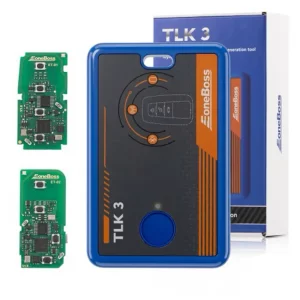 TLK-3 key programming kit: blue main unit with two green circuit boards and packaging in the background.