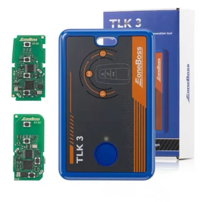 TLK-3 key programming kit: blue main unit with two green circuit boards and packaging in the background.