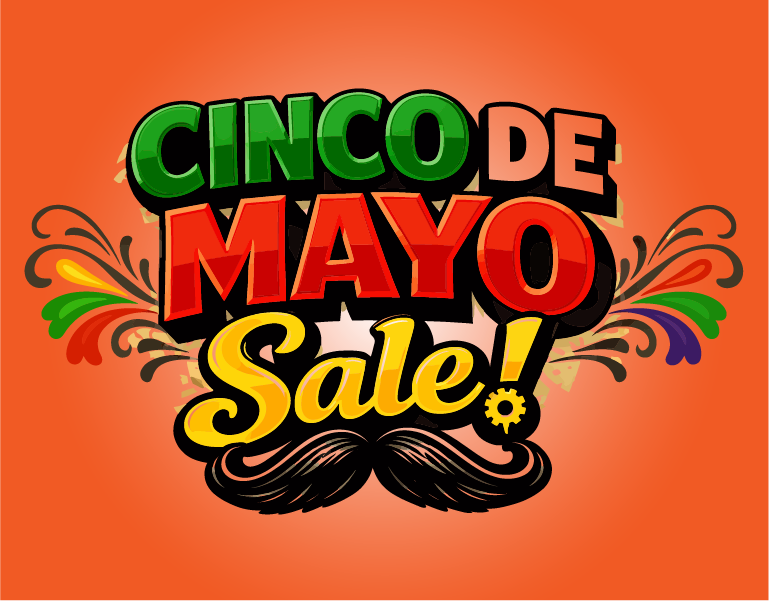 Bright Cinco de Mayo Sale banner with bold green 'CINCO', red 'MAYO', and yellow 'Sale!' text on an orange background with decorative swirls and a handlebar mustache image.