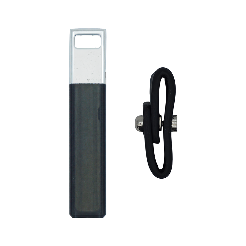 Hyundai-and-Strap - SFFobs Inc. USB flash drive with a gray metal cap and dark rectangular body, shown beside a black rubber loop attachment with a small silver screw.