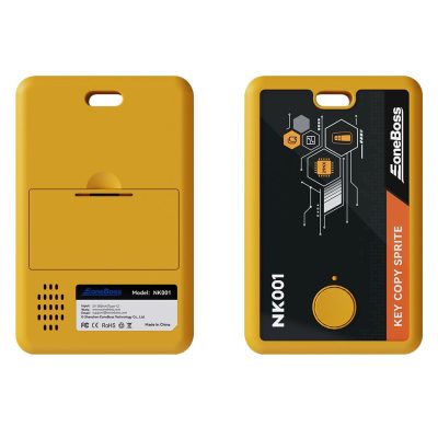 Yellow handheld key-copy device shown from front and back, model NK001, with black panel and branding on the right side.