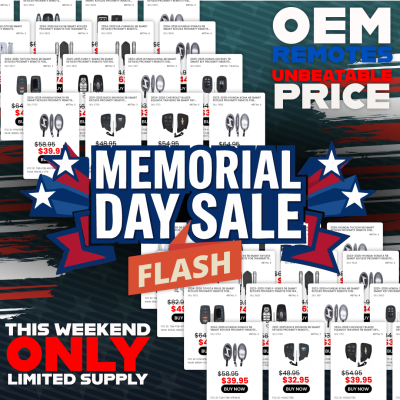 Promotional Memorial Day sale banner with bold text 'MEMORIAL DAY SALE' and 'FLASH', patriotic stars, and a background of car remote product cards.