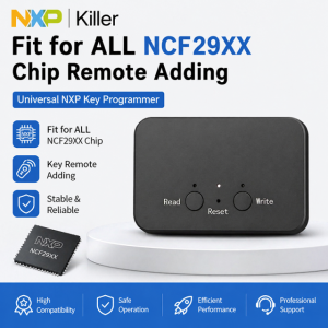 Product shot for NXP NCF29XX Chip Remote Adding: black remote module with Read/Reset/Write buttons, chip shown, blue feature bullets below