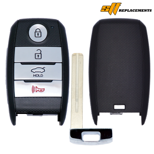 Car key fob with four silver buttons (lock, unlock, trunk hold, alarm), a separate metal key blade, and the back of the fob.