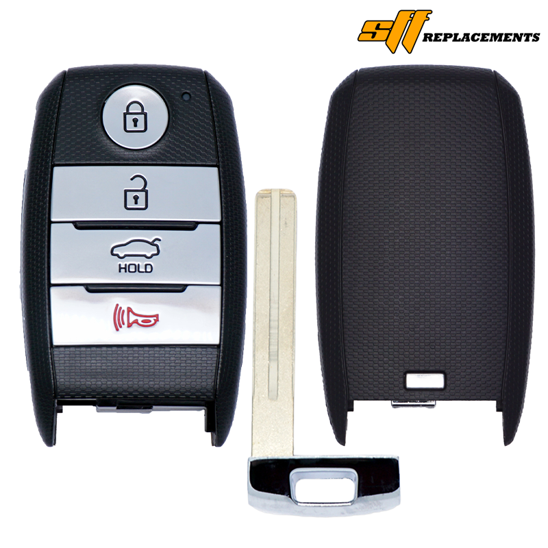 10543A - SFFobs Inc. Car key fob with four silver buttons (lock, unlock, trunk hold, alarm), a separate metal key blade, and the back of the fob.