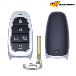 Replacement car key fob kit: a four-button remote, a silver shell, and a brass key blade (SIF Replacements).