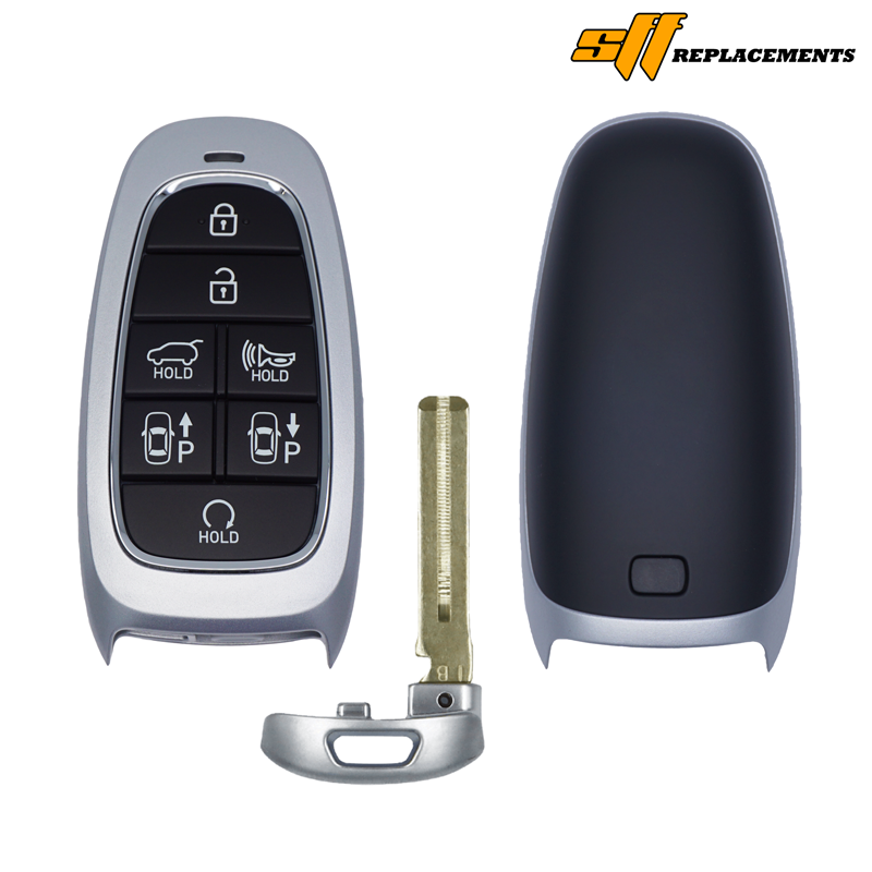 11558A-MAIN - SFFobs Inc. Smart car key fob with multiple buttons (lock, unlock, hold/trunk, and parking), plus separated metal key blade and outer shell