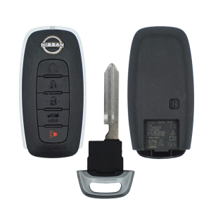 11930Sf-Fix - SFFobs Inc. Nissan car key fob with three buttons and logo, plus separate metal key blade and back cover shown separately on white background