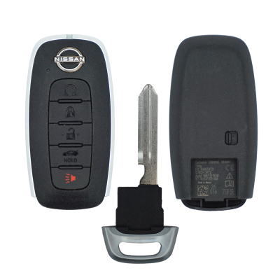 Nissan car key fob with three buttons and logo, plus separate metal key blade and back cover shown separately on white background