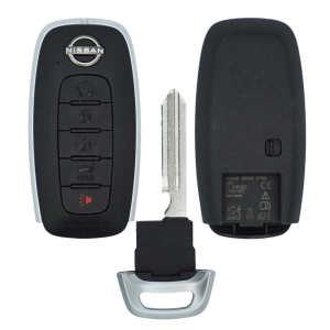 Nissan car key fob with four buttons and a detached metal key blade, front view showing logo and lock/unlock/panic buttons