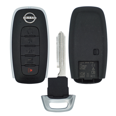 Nissan car key fob with four buttons and a detached metal key blade, front view showing logo and lock/unlock/panic buttons