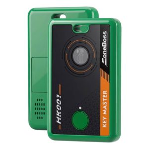 Green KeyMaster electronic car key fob by FoneBoss with circular sensor area and a large green button.