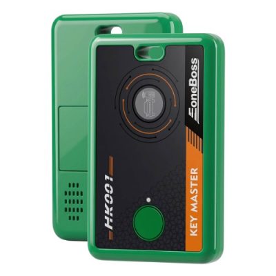 Green KeyMaster electronic car key fob by FoneBoss with circular sensor area and a large green button.