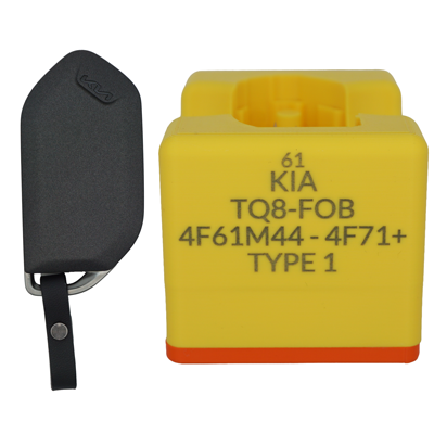 Kia car key fob next to a yellow plastic module with printed part numbers: '61 KIA TQ8-FOB 4F61M44 - 4F71+ TYPE 1'