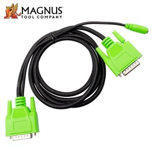 Green VGA extension cable with braided black sheath and dual DB-15 connectors, used to connect a monitor to a computer (Magnus Tool Company)