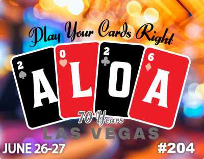 Promotional poster for 'Play Your Cards Right' in Las Vegas with colorful card graphics (A L O A) and event dates June 26–27, #204, 70 years.