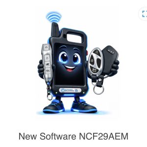 Cartoon car key fob character holding a remote and a car key, with a wireless signal above, advertising new software NCF29AEM
