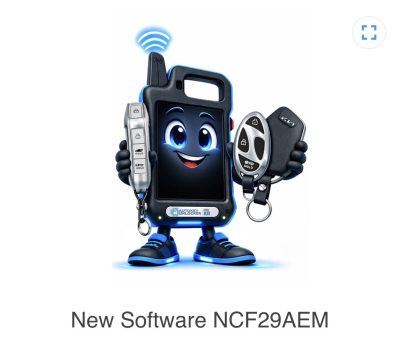 Cartoon car key fob character holding a remote and a car key, with a wireless signal above, advertising new software NCF29AEM