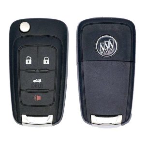 Pair of Buick car key fobs: left fob shows lock/unlock, hold, and panic buttons; right fob displays Buick emblem on the back.
