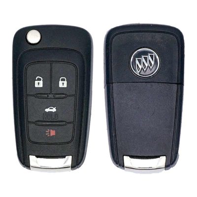 Pair of Buick car key fobs: left fob shows lock/unlock, hold, and panic buttons; right fob displays Buick emblem on the back.