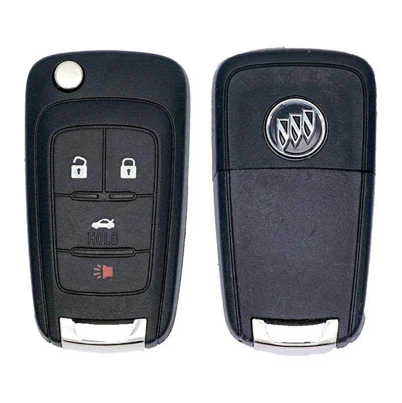 Pair of Buick car key fobs: left fob shows lock/unlock, hold, and panic buttons; right fob displays Buick emblem on the back.