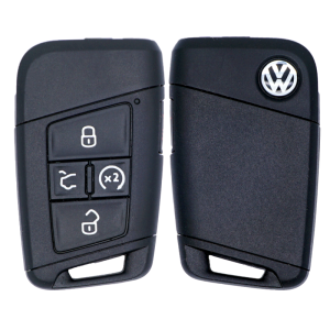 Two Volkswagen car keys side by side; left key shows lock, unlock, and trunk buttons, right key displays VW logo on the back