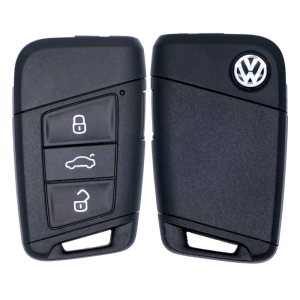 Two black Volkswagen car key fobs with lock, unlock, and trunk buttons; VW emblem on the right key.