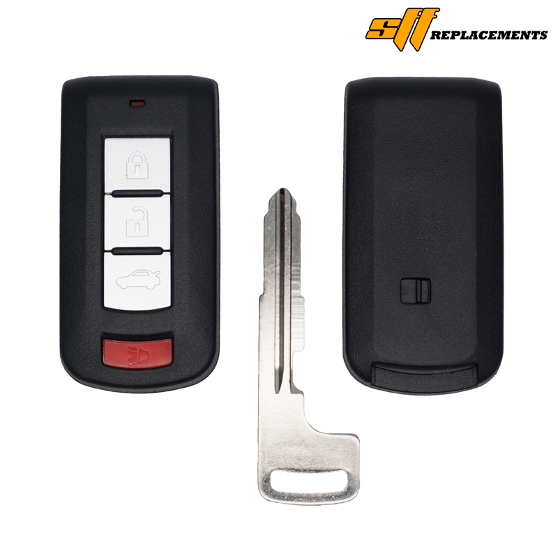 Front view of a black car key fob with three white buttons (lock, unlock, trunk) and a red panic button, plus a separate metal key blade.