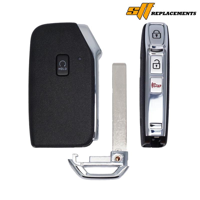 Replacement car key fob components: black plastic remote, metal key blade, and chrome housing piece (SFI Replacements)