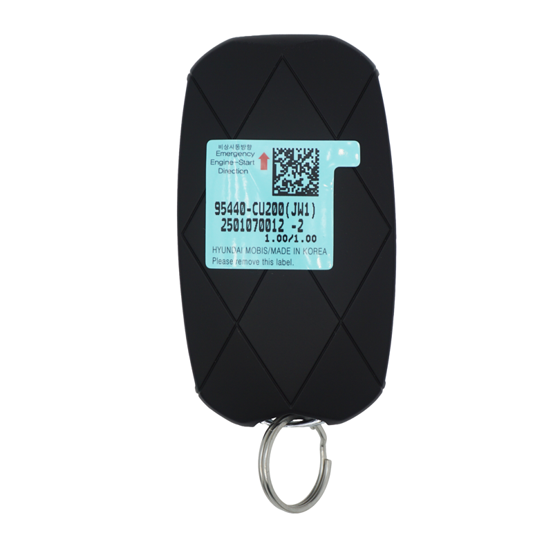 11934FS Back SF - SFFobs Inc. Black car key fob with a blue emergency engine-start label and a metal key ring at the bottom