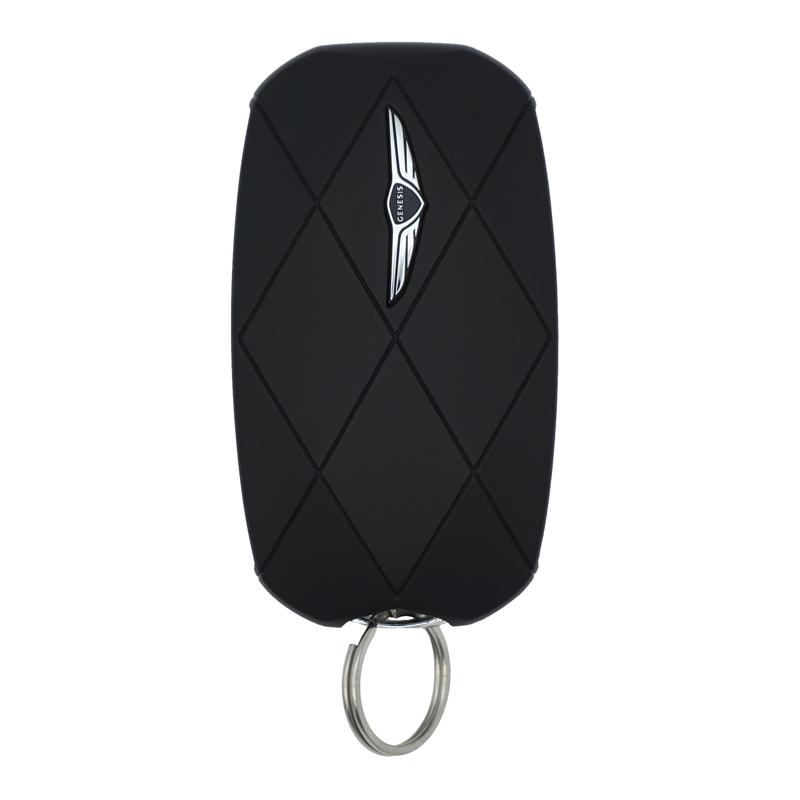 11934FS-SF-Front - SFFobs Inc. Black Genesis car key fob with a diamond-quilted pattern and a metal key ring at the bottom