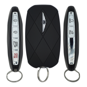 Triple-view of a Genesis car key fob and protective case: left and right fobs show lock, unlock, and hold buttons, center is a black diamond-pattern protective shell with Genesis emblem.