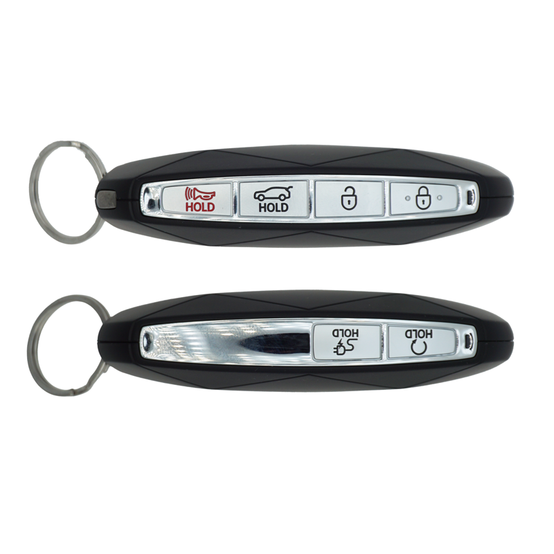 11934FS-sides - SFFobs Inc. Black car key fob with four silver buttons (trunk release, unlock, lock, and hold/panic) and a key ring on the left