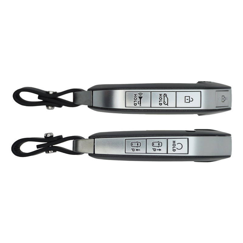 11935FS-Sides - SFFobs Inc. Two silver car key fobs with black lanyards, showing lock/unlock/trunk buttons side by side.