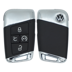 Pair of Volkswagen car key fobs with chrome tops; left fob shows lock, unlock, and trunk buttons, right fob displays the VW logo.