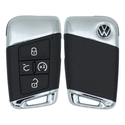 Pair of Volkswagen car key fobs with chrome tops; left fob shows lock, unlock, and trunk buttons, right fob displays the VW logo.