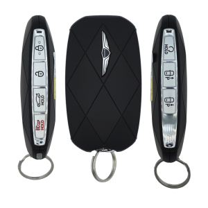 Black Genesis car key fob with a diamond-pattern back, shown from three angles: left side with lock/unlock/hold trunk buttons, center view of the back with Genesis logo, right side with additional lock/unlock/panic buttons.