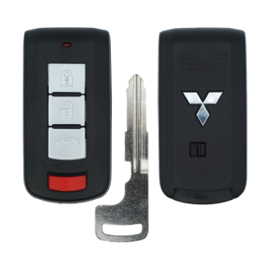 Car key fob with three silver buttons (lock, unlock, trunk) and a red panic button next to a metal key blade, shown from front; black plastic casing on left and right sides.