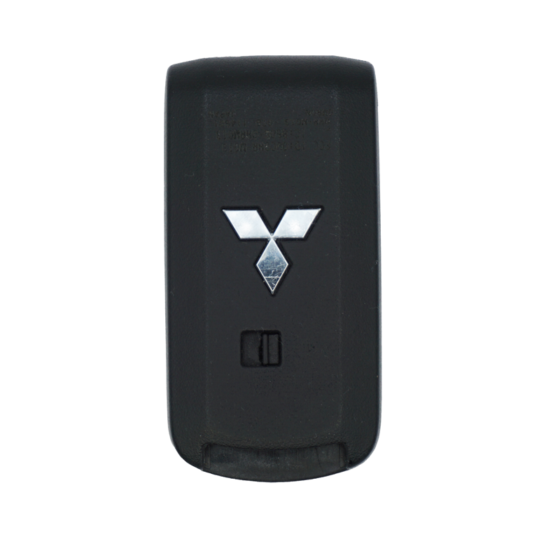 11943-U-back - SFFobs Inc. Black car key fob with a silver Y-shaped emblem and a small button on the front