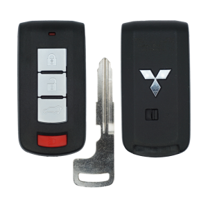 Pair of car key fobs with a metal key blade between them: left fob shows lock, unlock, and trunk buttons plus a red panic button; right fob bears a Mitsubishi logo and a small switch core to the base for remote operation.