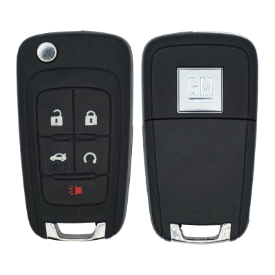 Pair of black GM car key fobs. The left fob shows lock, unlock, trunk, and alarm buttons; the right fob displays a GM logo.