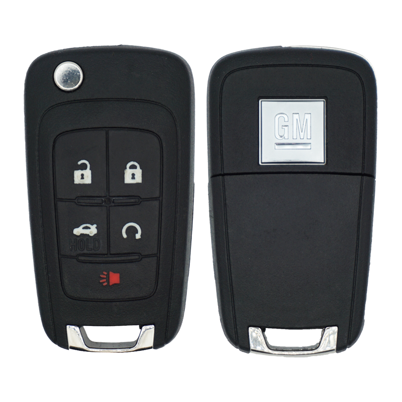 Pair of black GM car key fobs. The left fob shows lock, unlock, trunk, and alarm buttons; the right fob displays a GM logo.