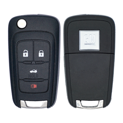 Pair of GM car key fobs: one with lock/unlock/HOLD buttons and red alarm indicator, the other showing the GM logo on the back