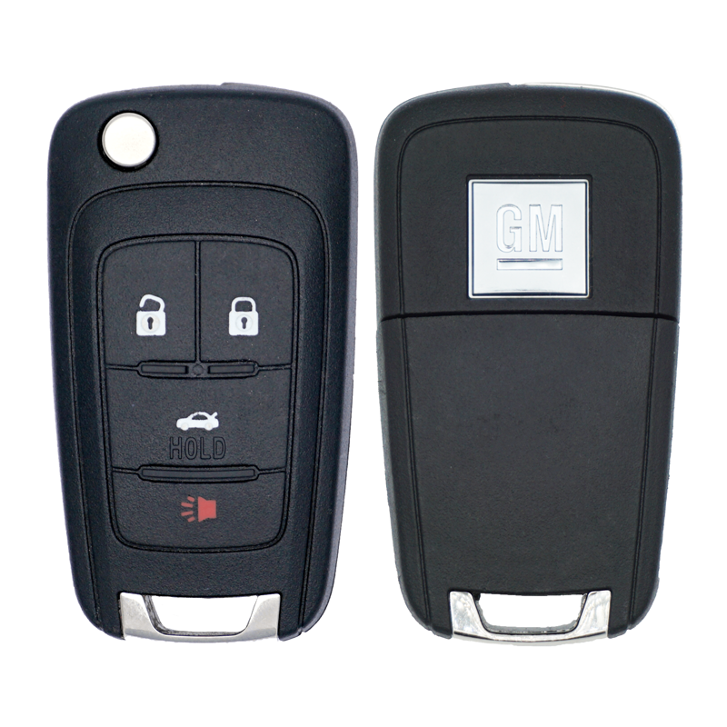 Pair of GM car key fobs: one with lock/unlock/HOLD buttons and red alarm indicator, the other showing the GM logo on the back